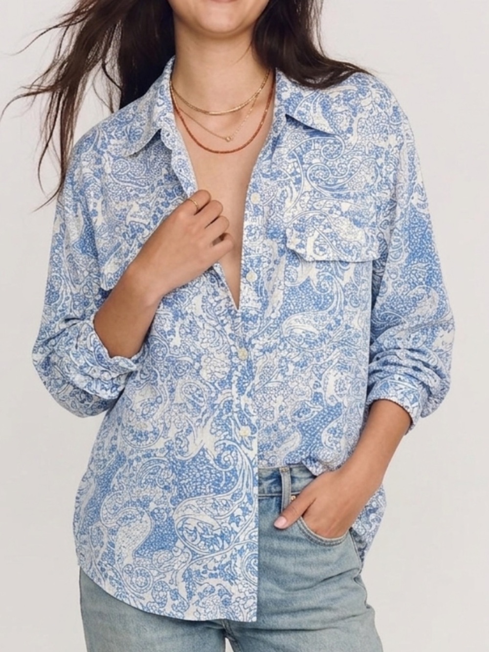 Zara Paisley Floral Cargo Pocket Shirt Womens Size Small Long Sleeve Button Down